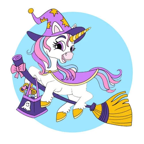 Цветной пример раскраски единорог волшебник на хэллоуин