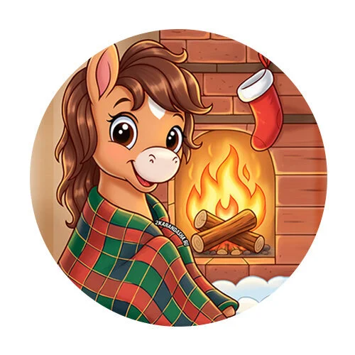 Цветной вариант раскраски лошадка у камина 2026