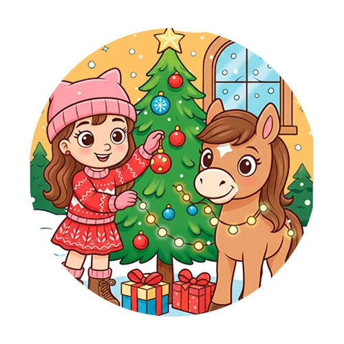 Цветной вариант раскраски девочка и лошадка на 2026 год