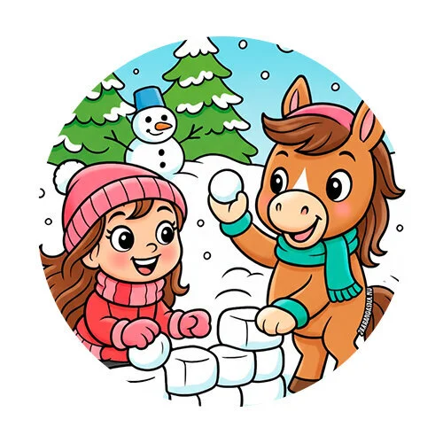 Цветной пример раскраски играют в снежки лошадка 2026