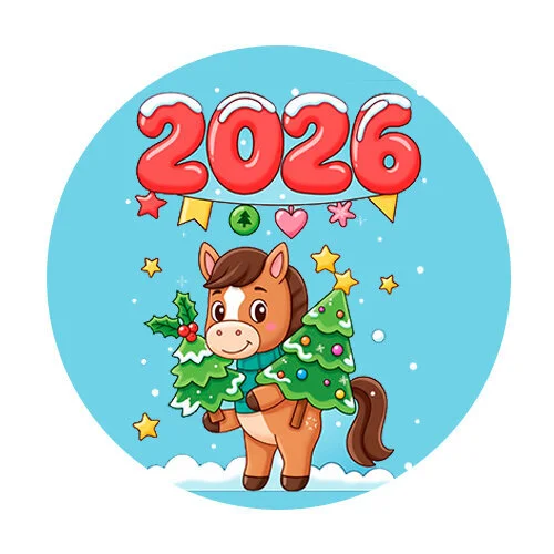 Цветной пример раскраски 2026 новый год и лошадка