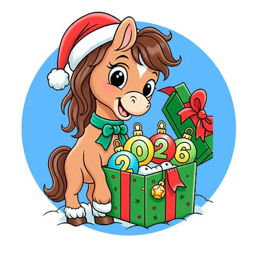 Цветной пример раскраски лошадка открыла подарок 2026