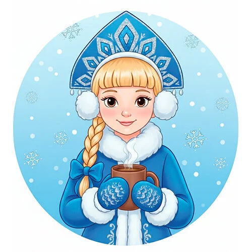 Цветной пример раскраски милая снегурочка и какао