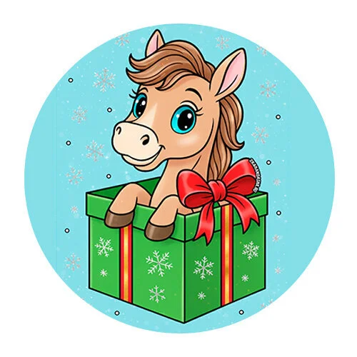 Цветной пример раскраски лошадка и подарок