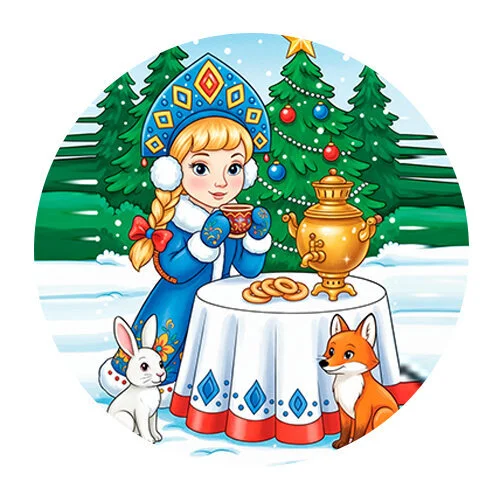 Цветной пример раскраски снегурочка пьет чай в зимнем лесу