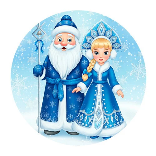 Цветной пример раскраски дед мороз и снегурочка внучка