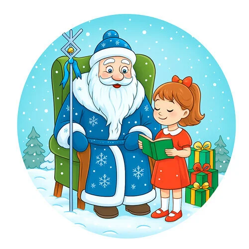 Цветной пример раскраски девочка читает стих деду морозу