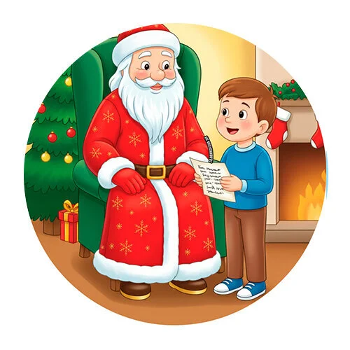 Цветной пример раскраски мальчик читает стих деду морозу