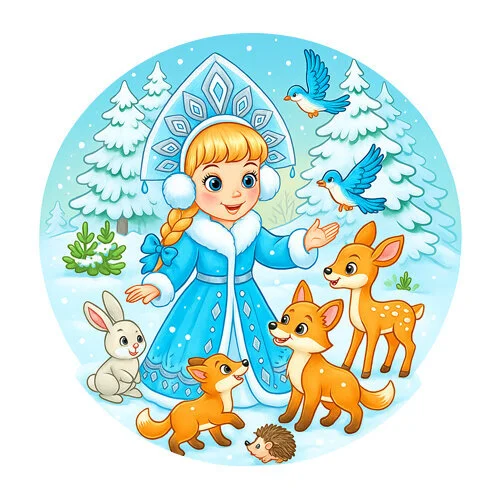 Цветной пример раскраски снегурочка и лесные зверята