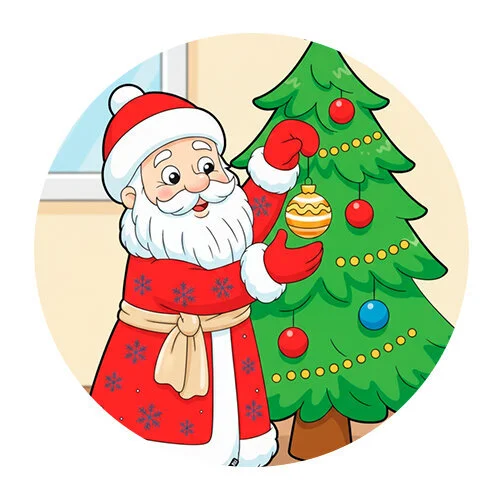 Цветной пример раскраски дед мороз наряжает маленькую елку