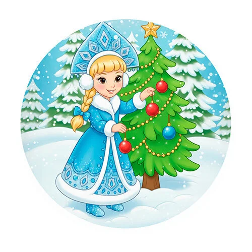 Цветной пример раскраски снегурочка в зимнем лесу