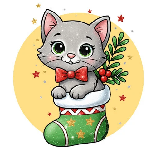 Цветной пример раскраски новогодний котик в носке с елками