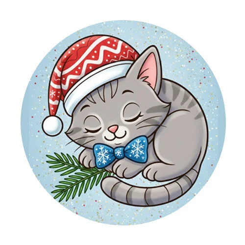 Цветной пример раскраски котик в новогодней шапке спит