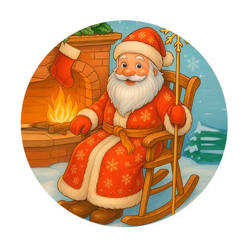 Цветной пример раскраски дед мороз у камина на кресле