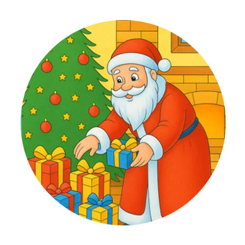 Цветной пример раскраски дед мороз кладет подарки под елку