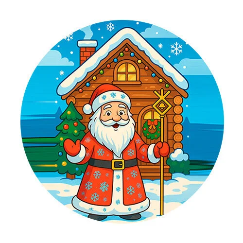 Цветной вариант раскраски дед мороз и его дом