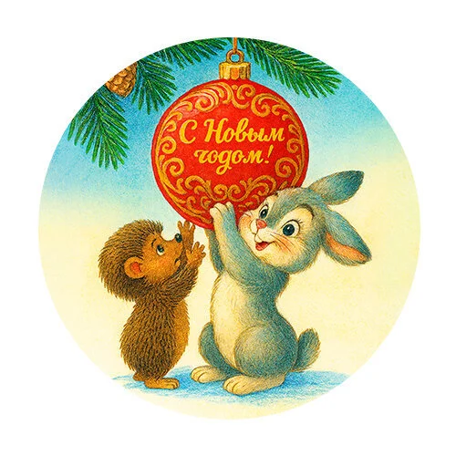 Цветной пример раскраски зайчик и ежик (как советские открытки)