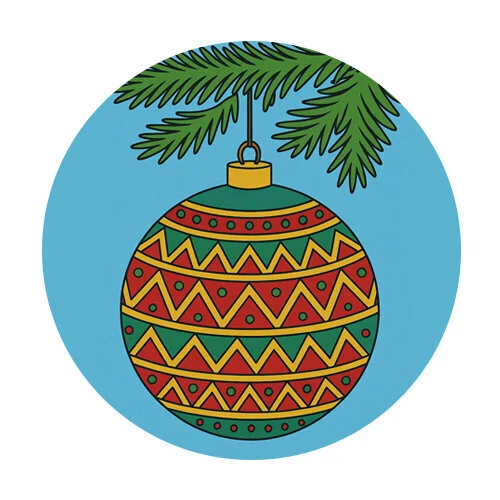 Цветной пример раскраски елочная игрушка шарик на ветке