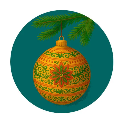 Цветной пример раскраски елочный шар на елке