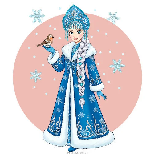 Цветной вариант раскраски красивая снегурочка в шубе и с птичкой