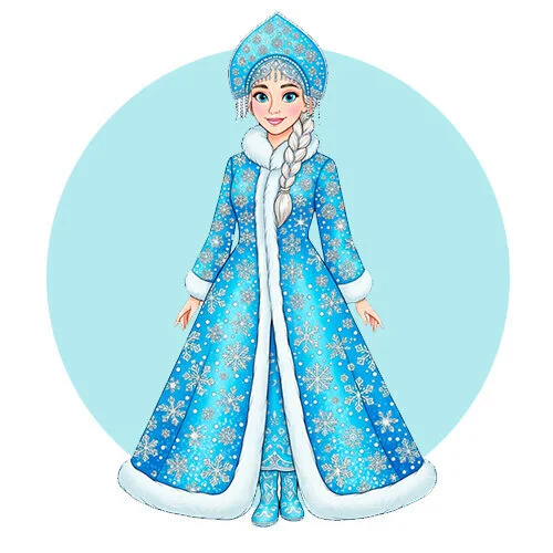 Цветной вариант раскраски снегурочка в полный рост в шубке