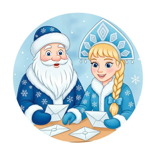 Цветной вариант раскраски дед мороз и снегурочка читают письма детей