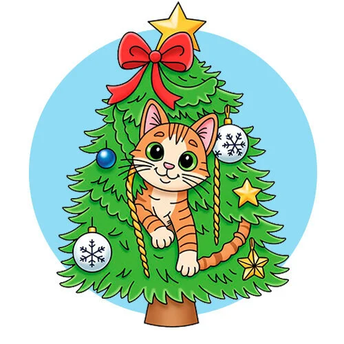 Цветной пример раскраски котик спрятался в елке