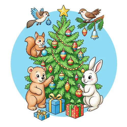 Цветной пример раскраски медведь, заяц и белка наряжают елку