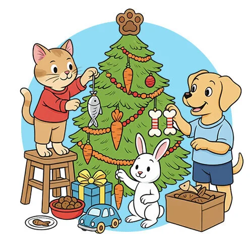 Цветной пример раскраски новогодняя елка с котом, собакой и зайчиком