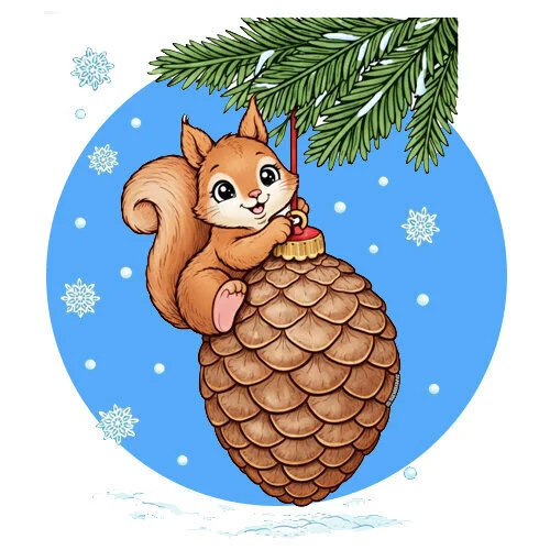 Цветной вариант раскраски белочка на шишке