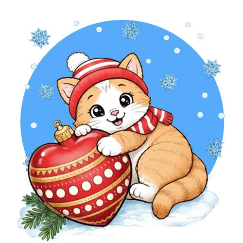 Цветной вариант раскраски котик обнимает елочную игрушку