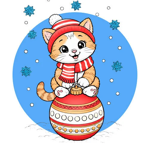 Цветной вариант раскраски котик на елочном шаре