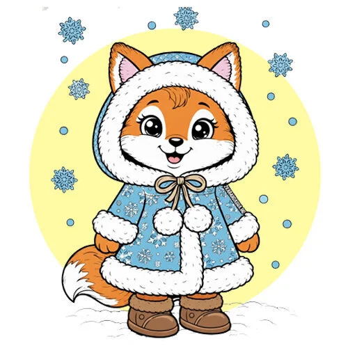 Цветной вариант раскраски лисичка в шубе