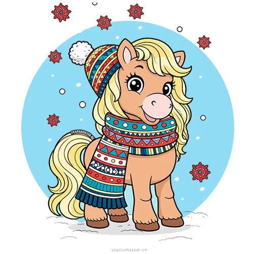 Цветной вариант раскраски лошадка в шарфе и шапке