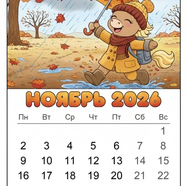 Цветной вариант раскраски ноябрь 2026 год лошади календарь