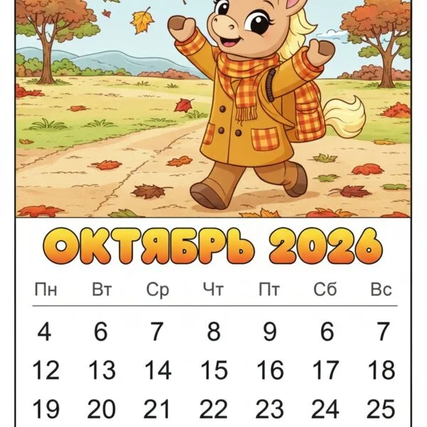 Цветной вариант раскраски октябрь 2026 год лошади календарь