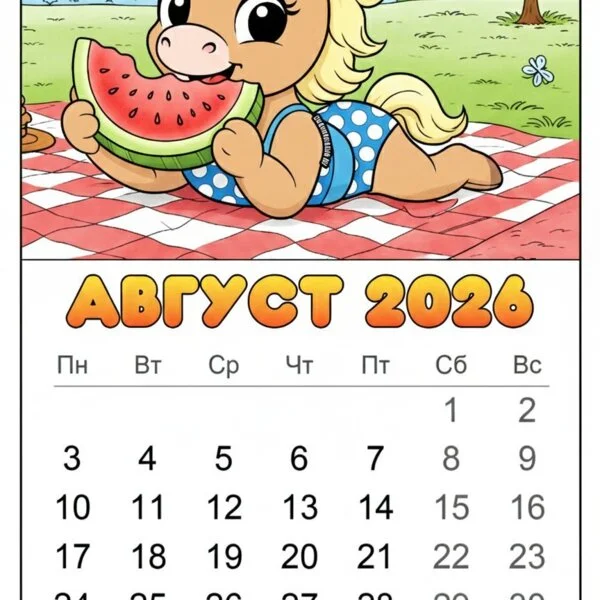 Цветной вариант раскраски август 2026 год лошади календарь