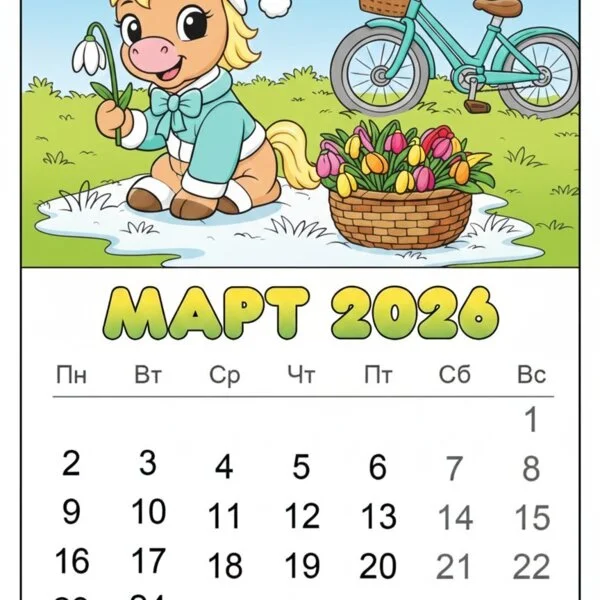 Цветной вариант раскраски март 2026 год лошади календарь
