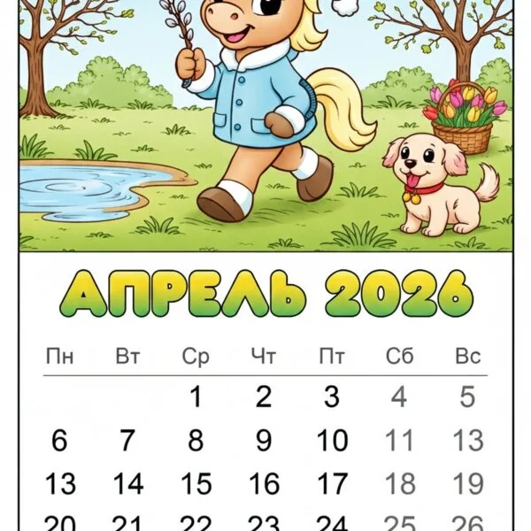 Цветной вариант раскраски апрель 2026 год лошади календарь