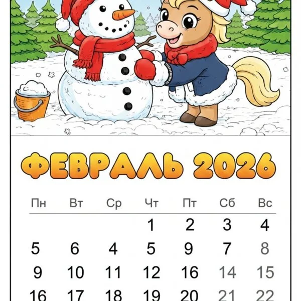 Цветной вариант раскраски февраль 2026 год лошади календарь