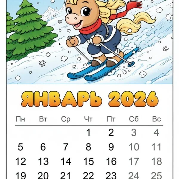 Цветной вариант раскраски январь 2026 год лошади календарь