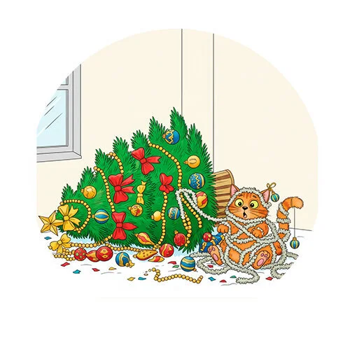Цветной пример раскраски котик уронил елку