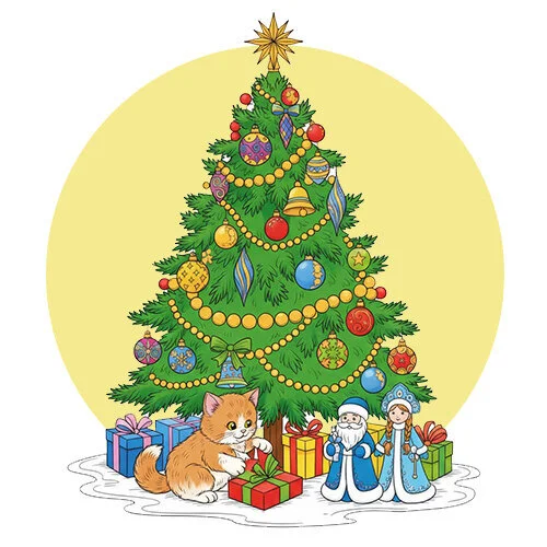 Цветной пример раскраски котик распаковывает подарки