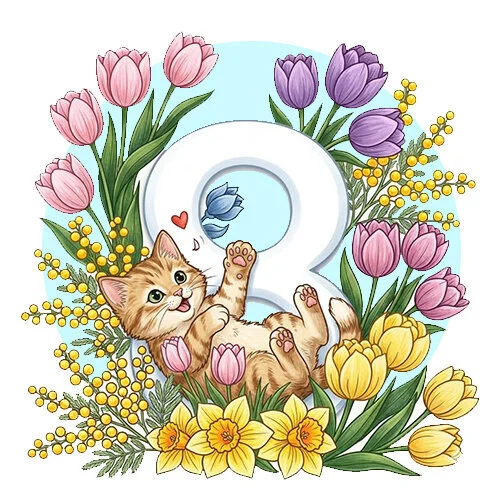 Цветной вариант раскраски котик играет 8 марта и цветы