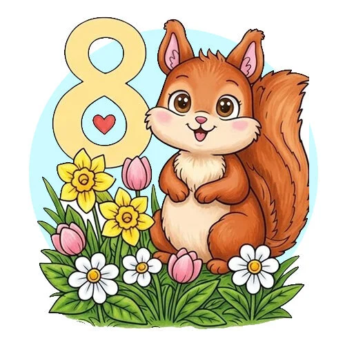 Цветной пример раскраски белочка в цветах на 8 марта