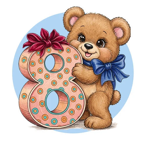 Цветной пример раскраски медведь на 8 марта отрытка