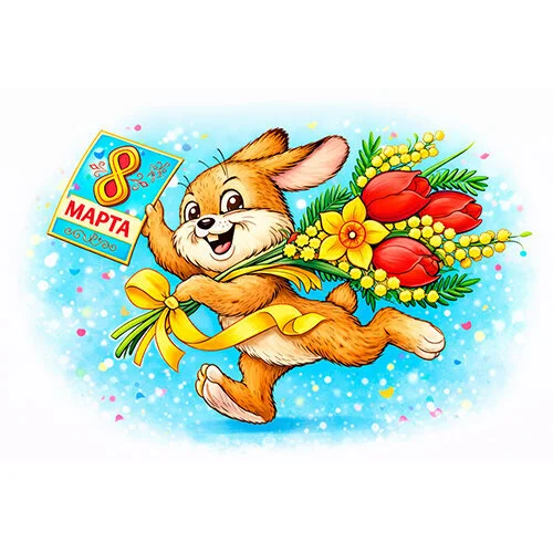 Цветной вариант раскраски как советская открытка на 8 марта зайчик