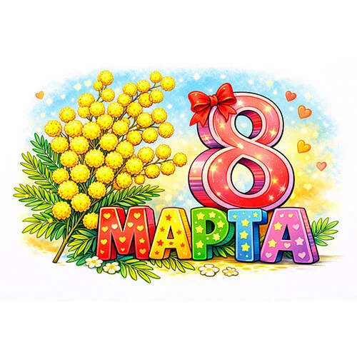 Цветной пример раскраски 8 марта маленькая открытка