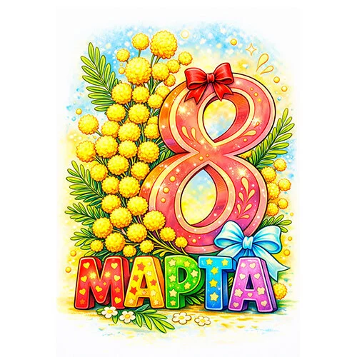 Цветной вариант раскраски 8 марта весна и мимоза