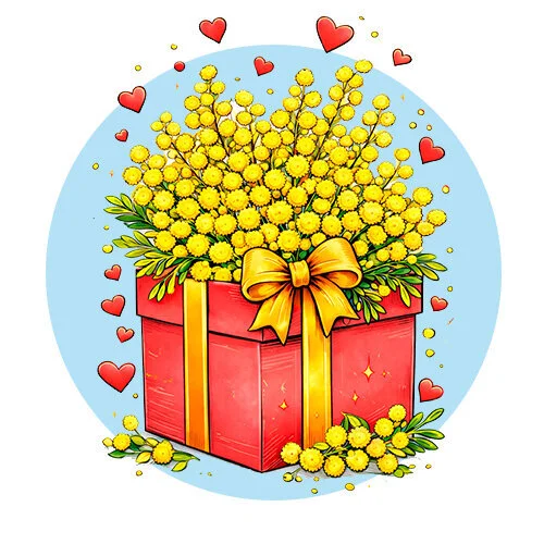 Цветной вариант раскраски коробка с мимозами на праздник